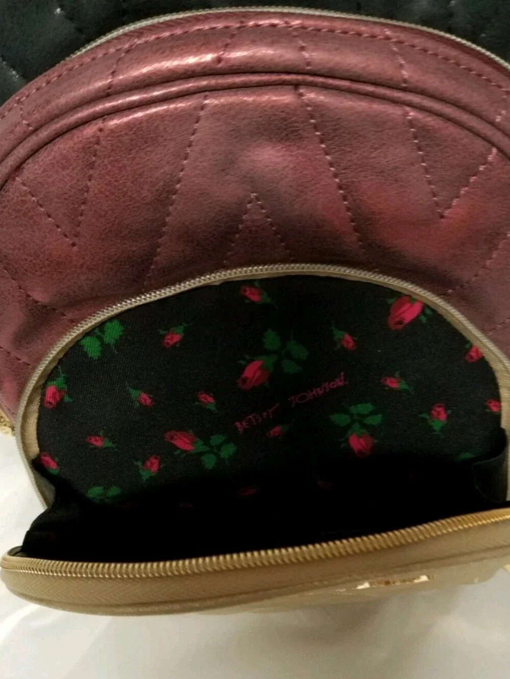 Betsey Johnson Backpack Handbag in Plum, Beige & Black -New